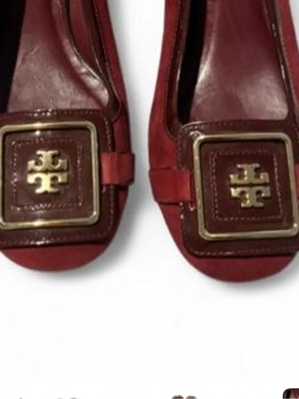 Tory Burch Size 7.5M Burgundy Suede Gorgeous Logo Square-Buckle Flats